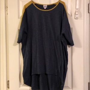 Lularoe Irma top. Navy, gold stripe shoulder. XL.